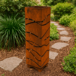 Windy Garden Column – Modern Metal Yard Sculpture – Rustic Landscape Light & Well Cover