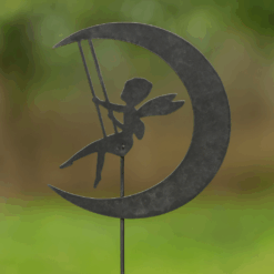 Metal Swinging Fairy Garden Stake – Moon & Fairy Silhouette Yard Art – Whimsical Steel Garden Decor