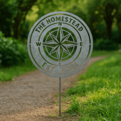 Custom Compass Rose Metal Garden Stake – Rustic Outdoor Yard Sign – Personalized Homestead & Memorial Decor