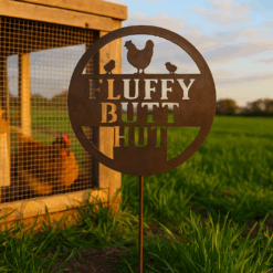 Fluffy Butt Hut Metal Chicken Coop Garden Stake – Funny Farmhouse Yard Art – Rustic Homestead Chicken Decor